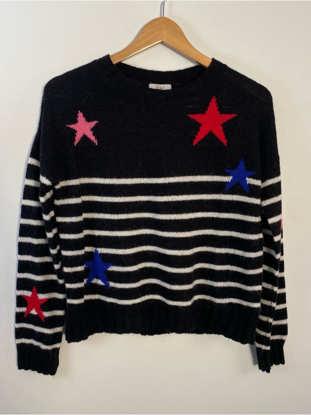 Rails‎ NWT Perci Crewneck Sweater Black Stripe Multi Wool Blend USA Flag XS